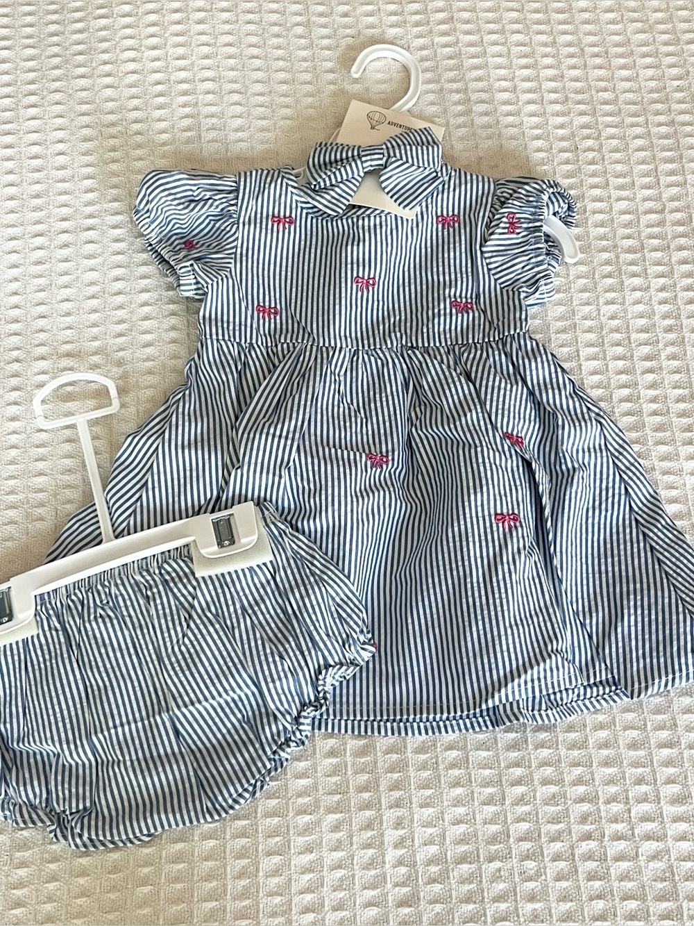 Striped Navy and White Baby Dress Set with Pink Bow Embroidery NWT